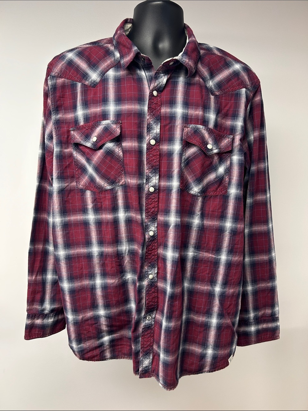 Roebuck & Co Plaid Pearl Snap Western Shirt Mens XXL Maroon Burgundy Long Sleeve